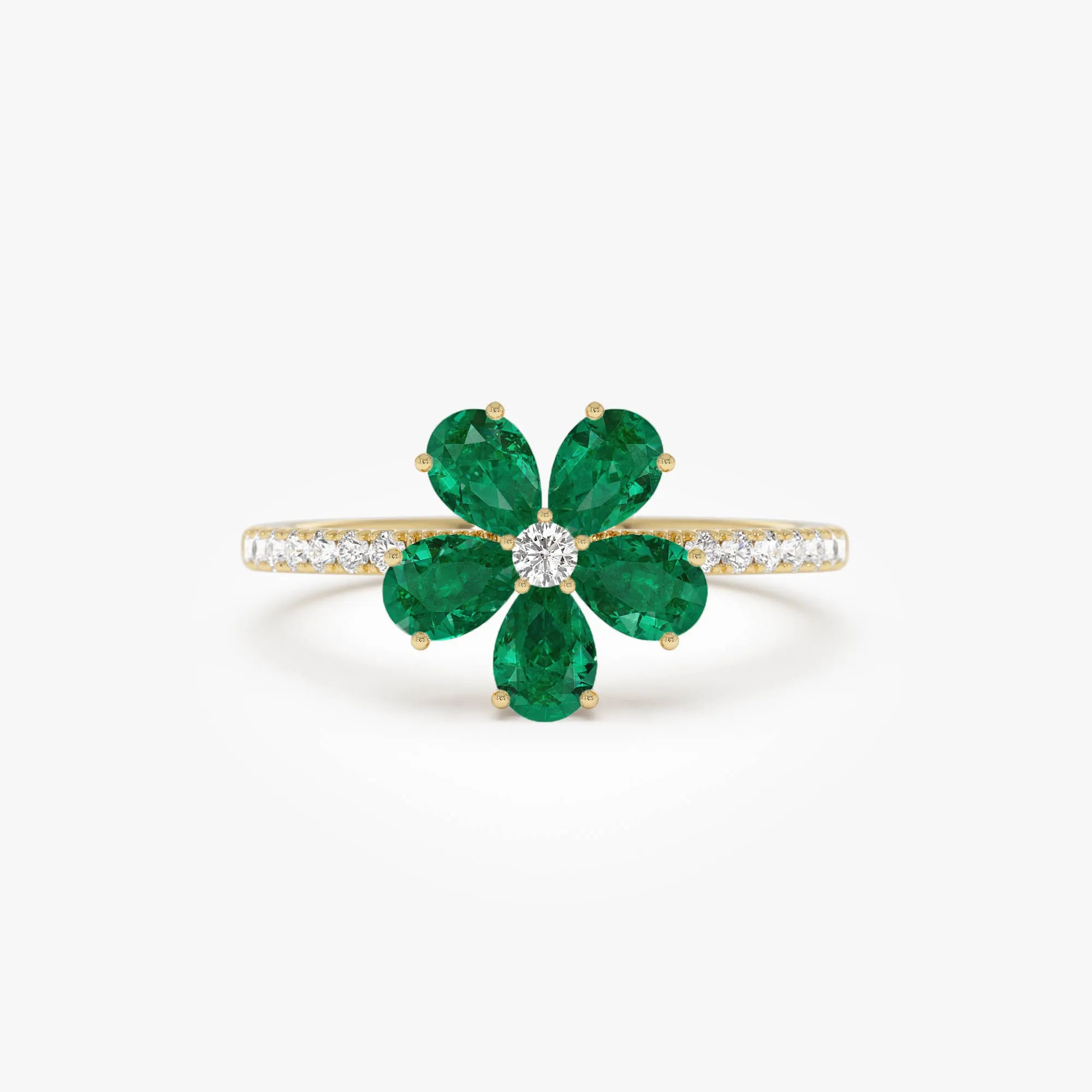 14K Five-Leaf Emerald and Diamond Ring