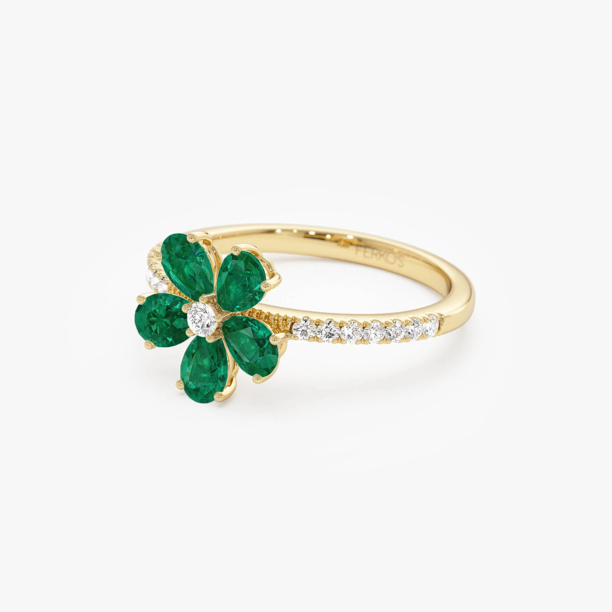 14K Five-Leaf Emerald and Diamond Ring