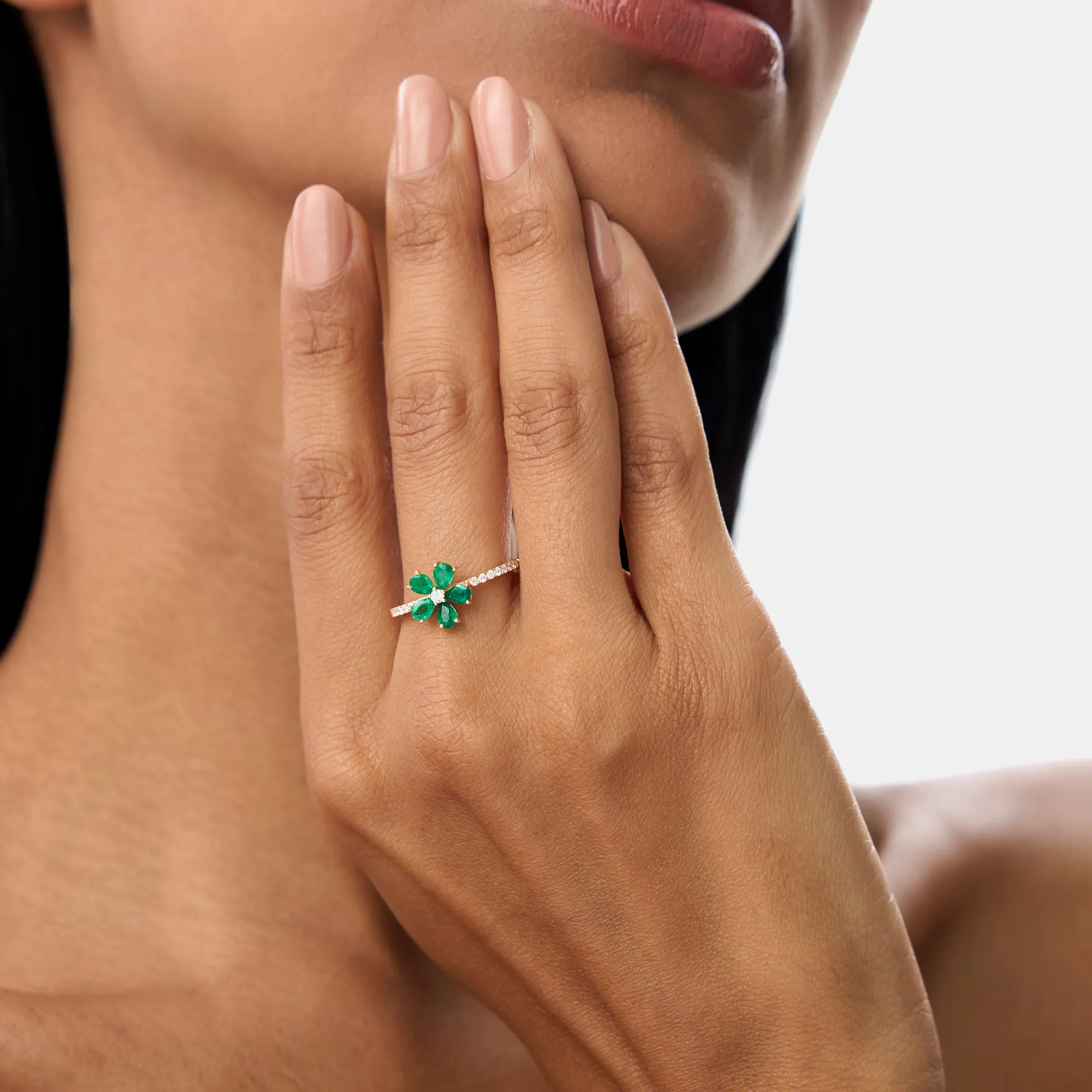 14K Five-Leaf Emerald and Diamond Ring