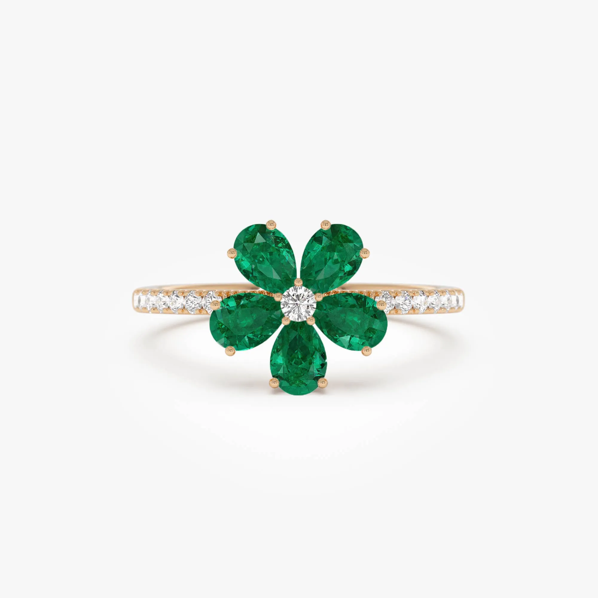 14K Five-Leaf Emerald and Diamond Ring