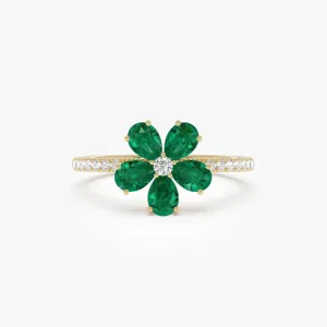 14K Five-Leaf Emerald and Diamond Ring