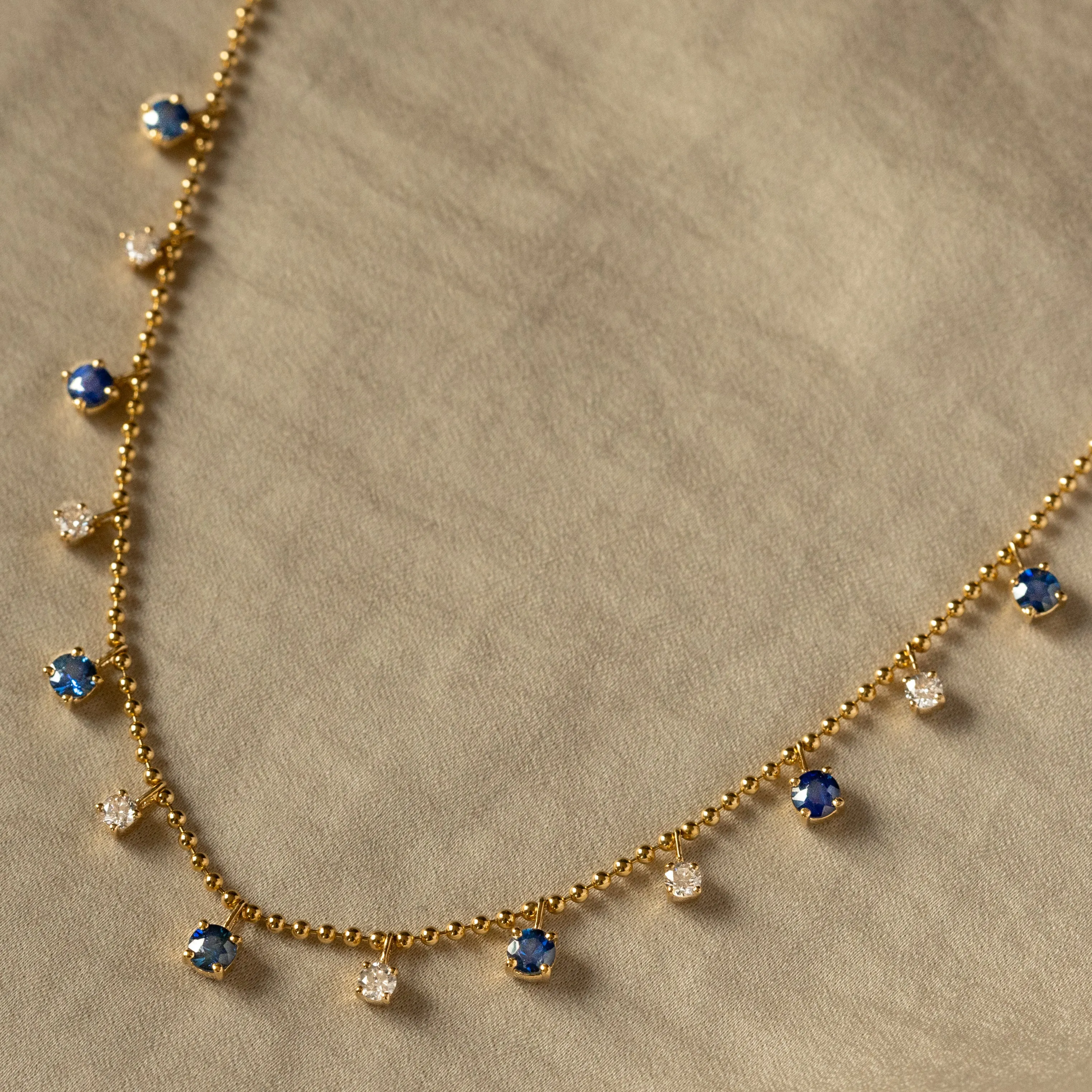 14K Gold Blue Sapphire Diamond Bead Necklace