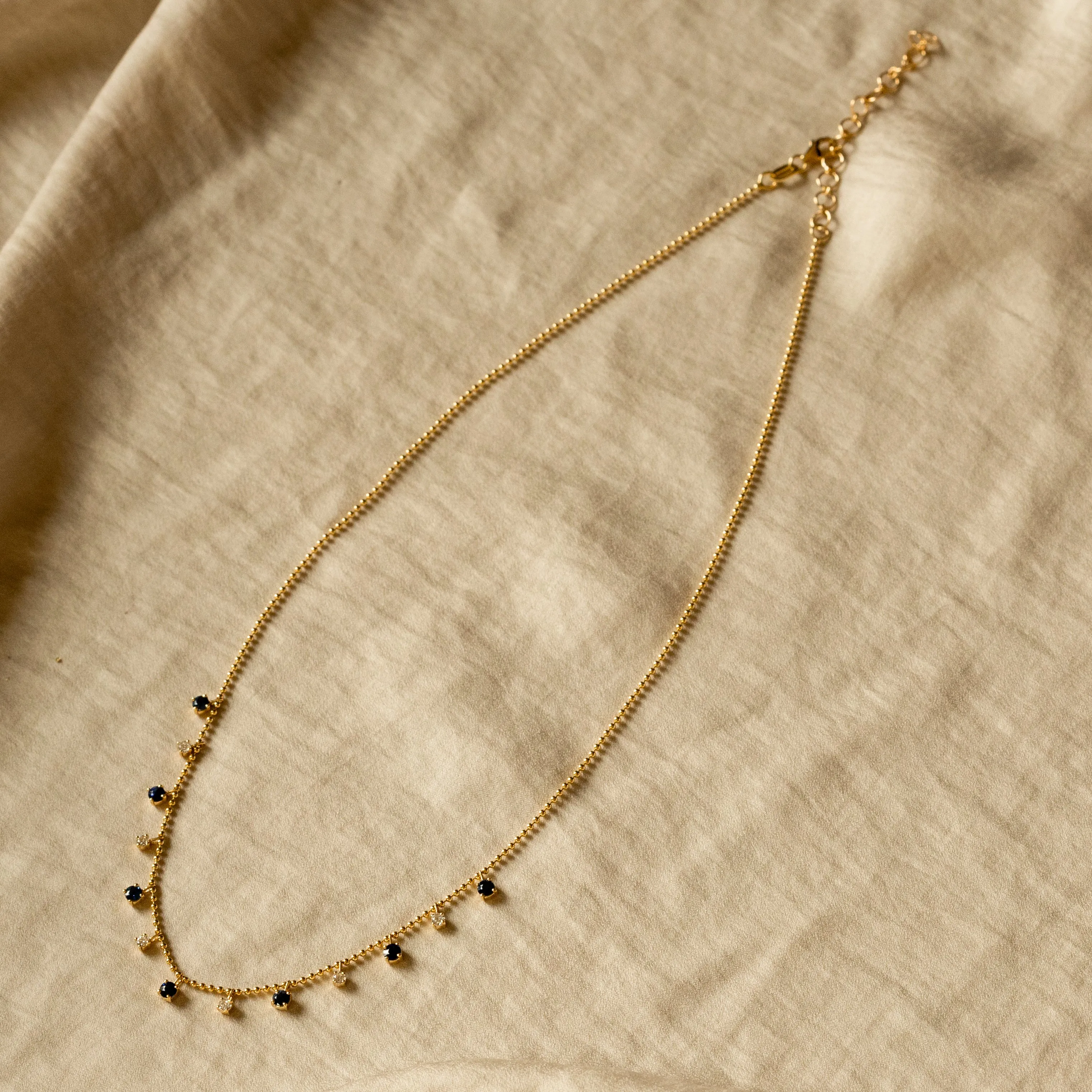 14K Gold Blue Sapphire Diamond Bead Necklace