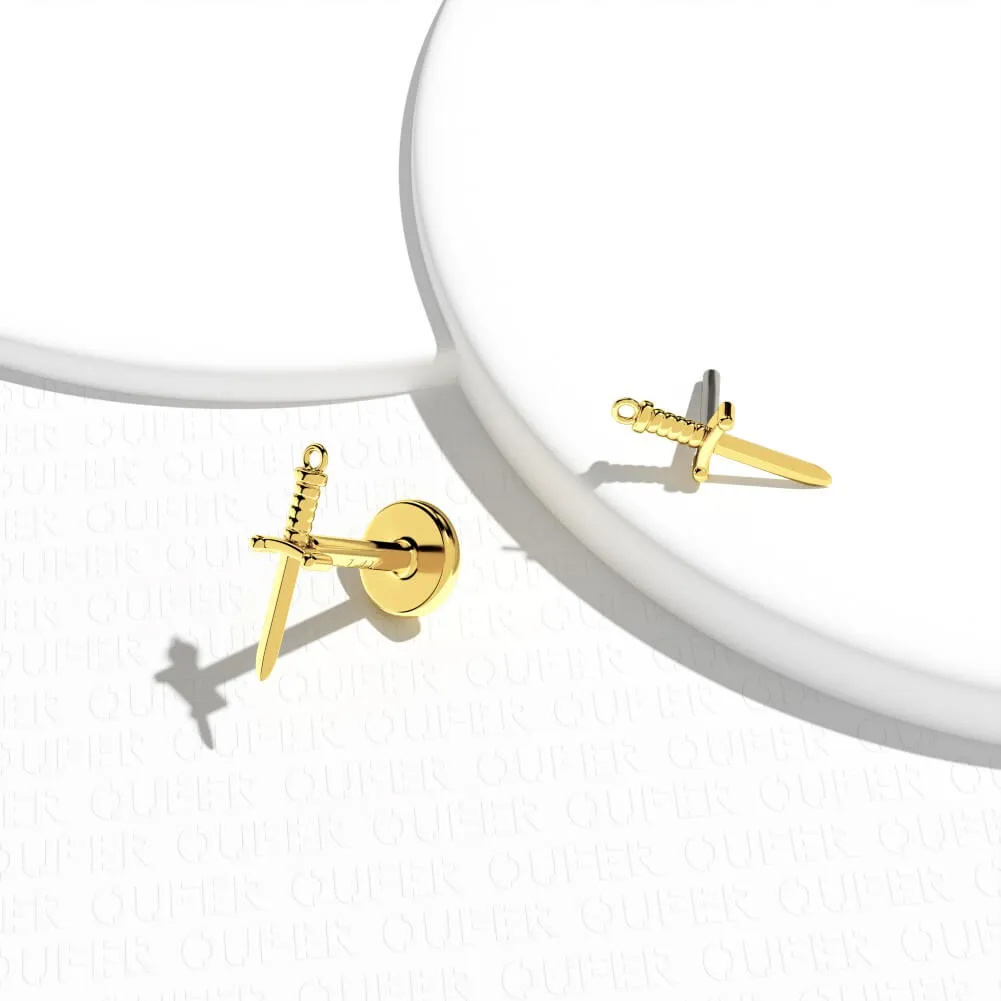 14K Gold Dagger Threadless Push Pin Labret Nose Stud