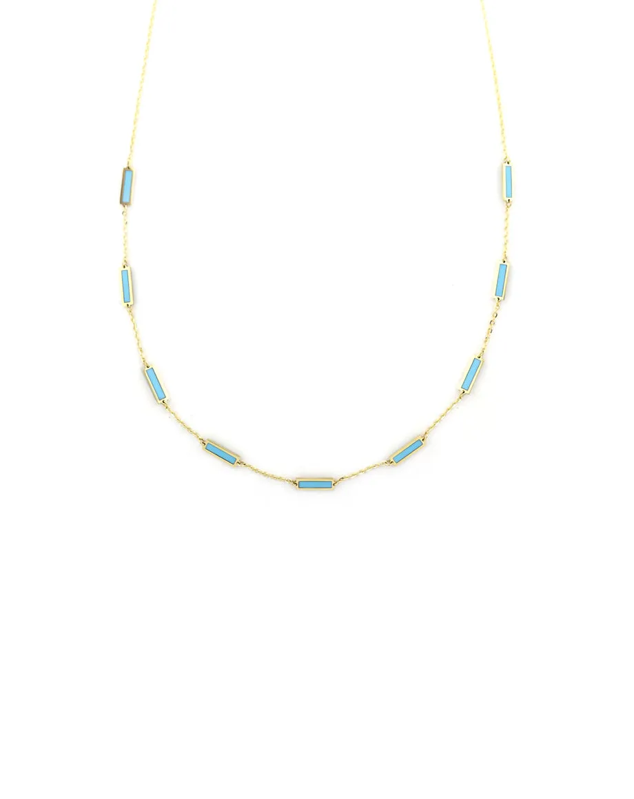 14K Gold Turquoise Inlay Rectangle Station Necklace