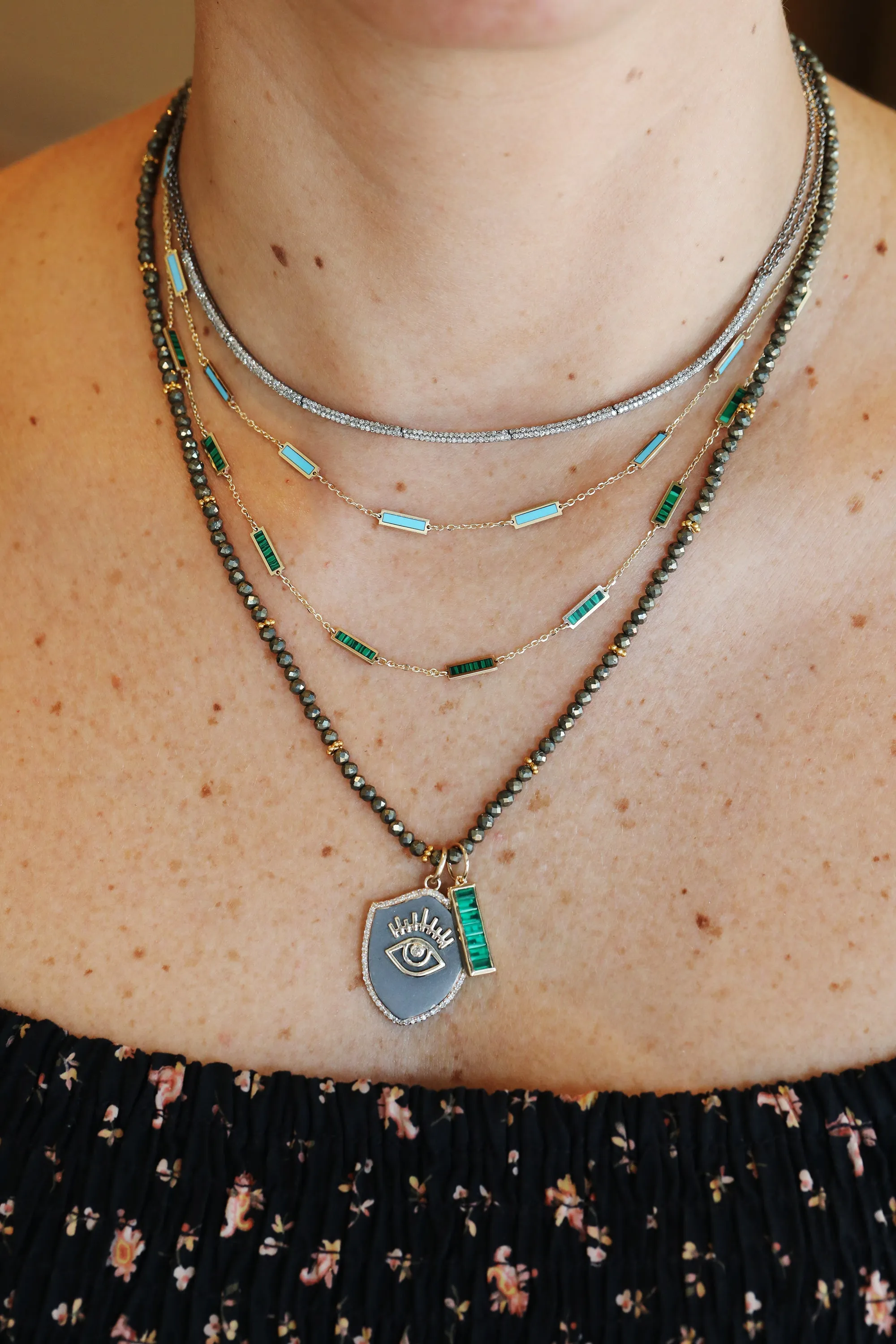 14K Gold Turquoise Inlay Rectangle Station Necklace