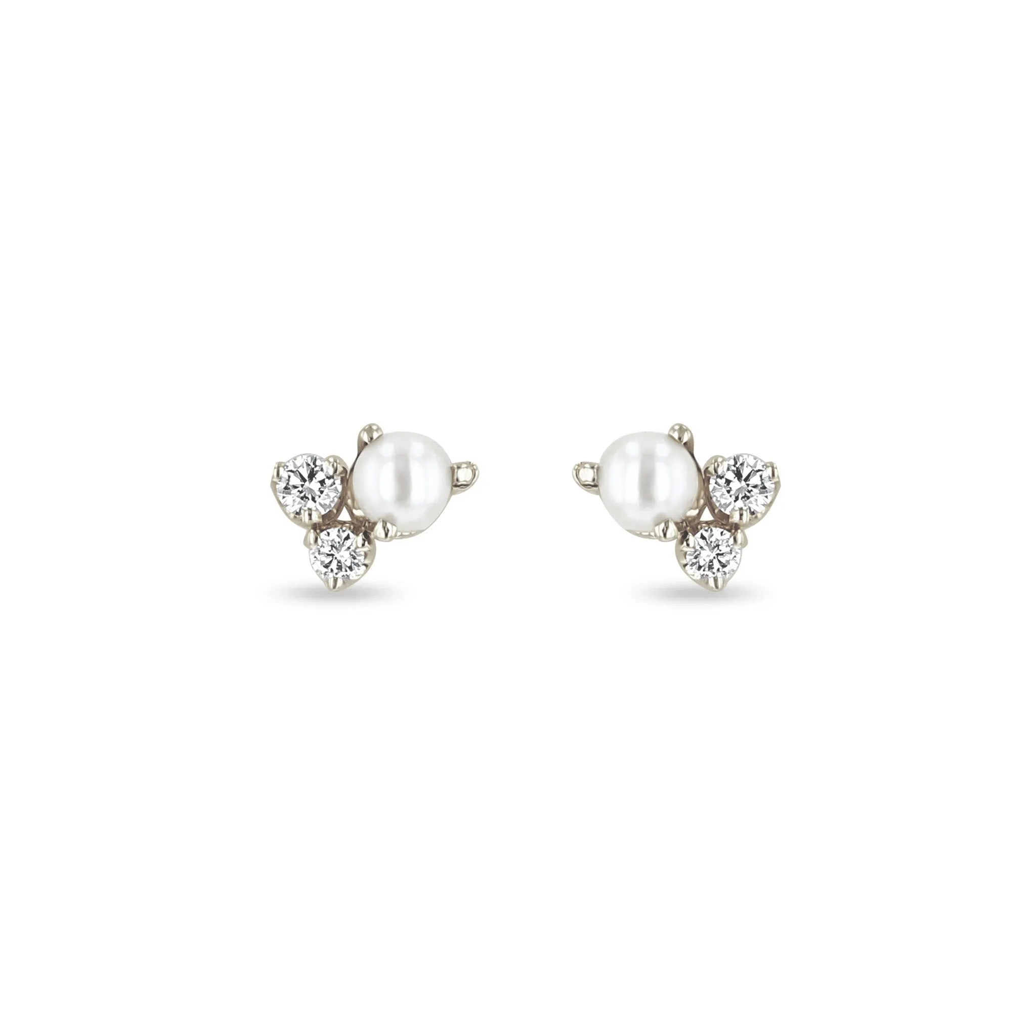 14k Mixed Prong Diamond & Pearl Cluster Stud Earrings