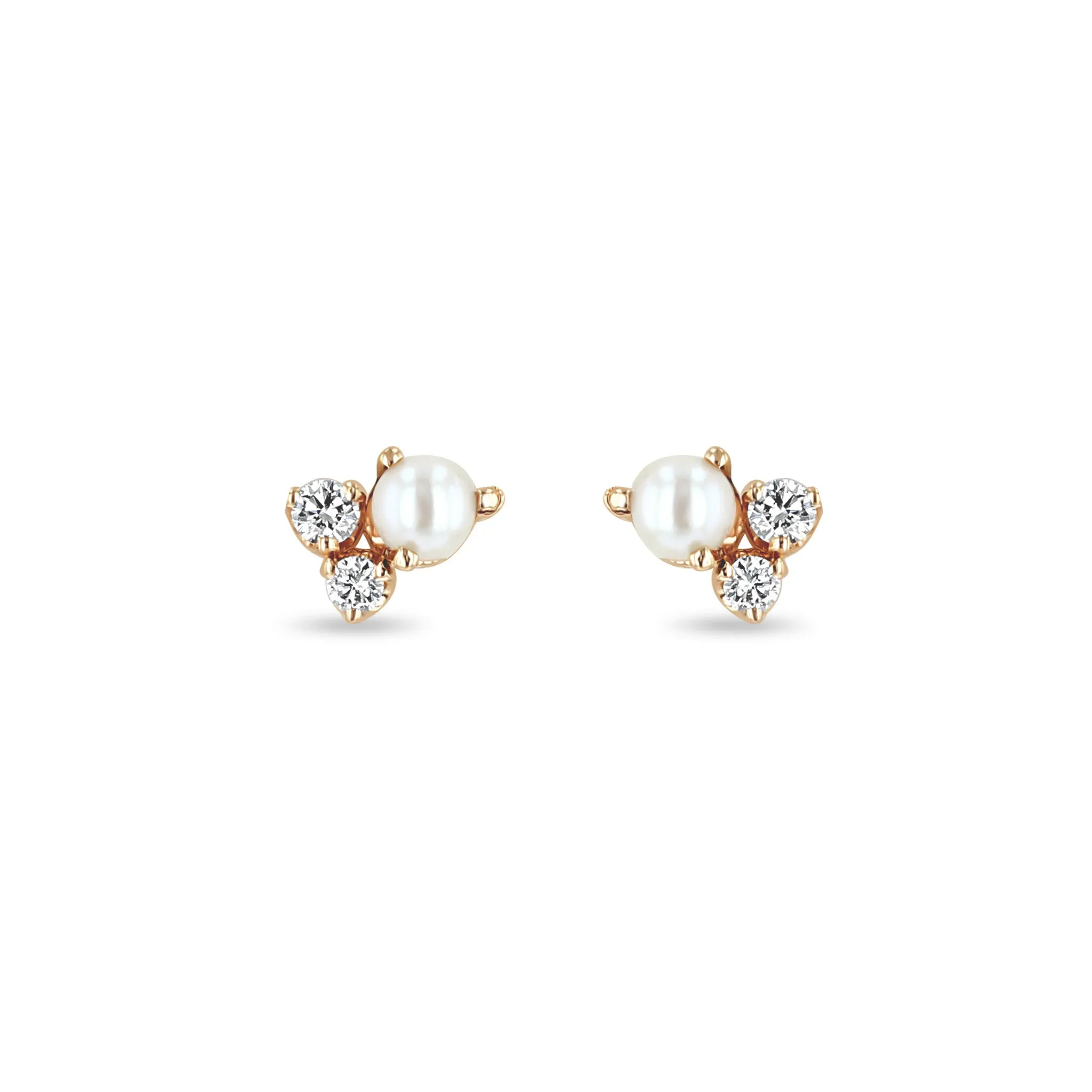 14k Mixed Prong Diamond & Pearl Cluster Stud Earrings