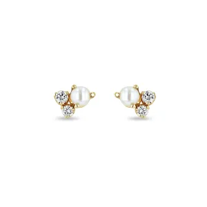 14k Mixed Prong Diamond & Pearl Cluster Stud Earrings