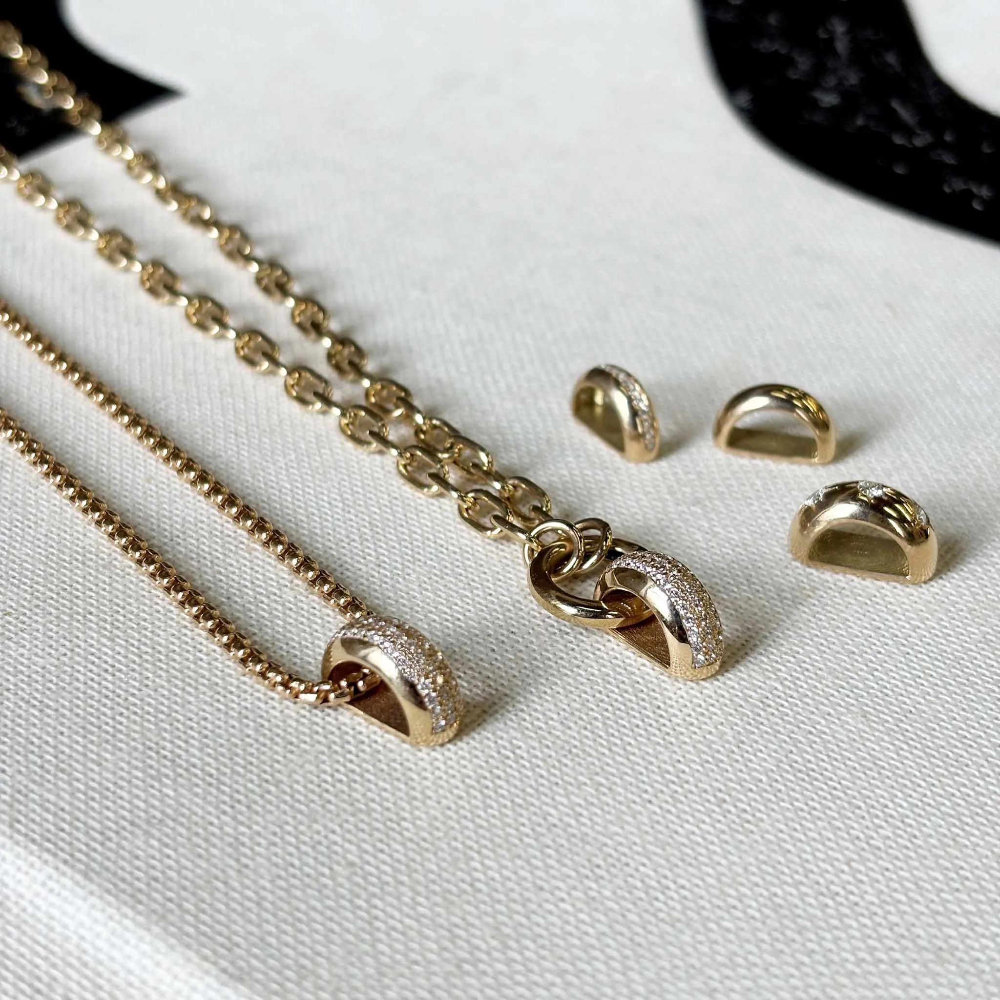 14k Pavé Diamond Wide Half Round Slide Bead Box Chain Necklace