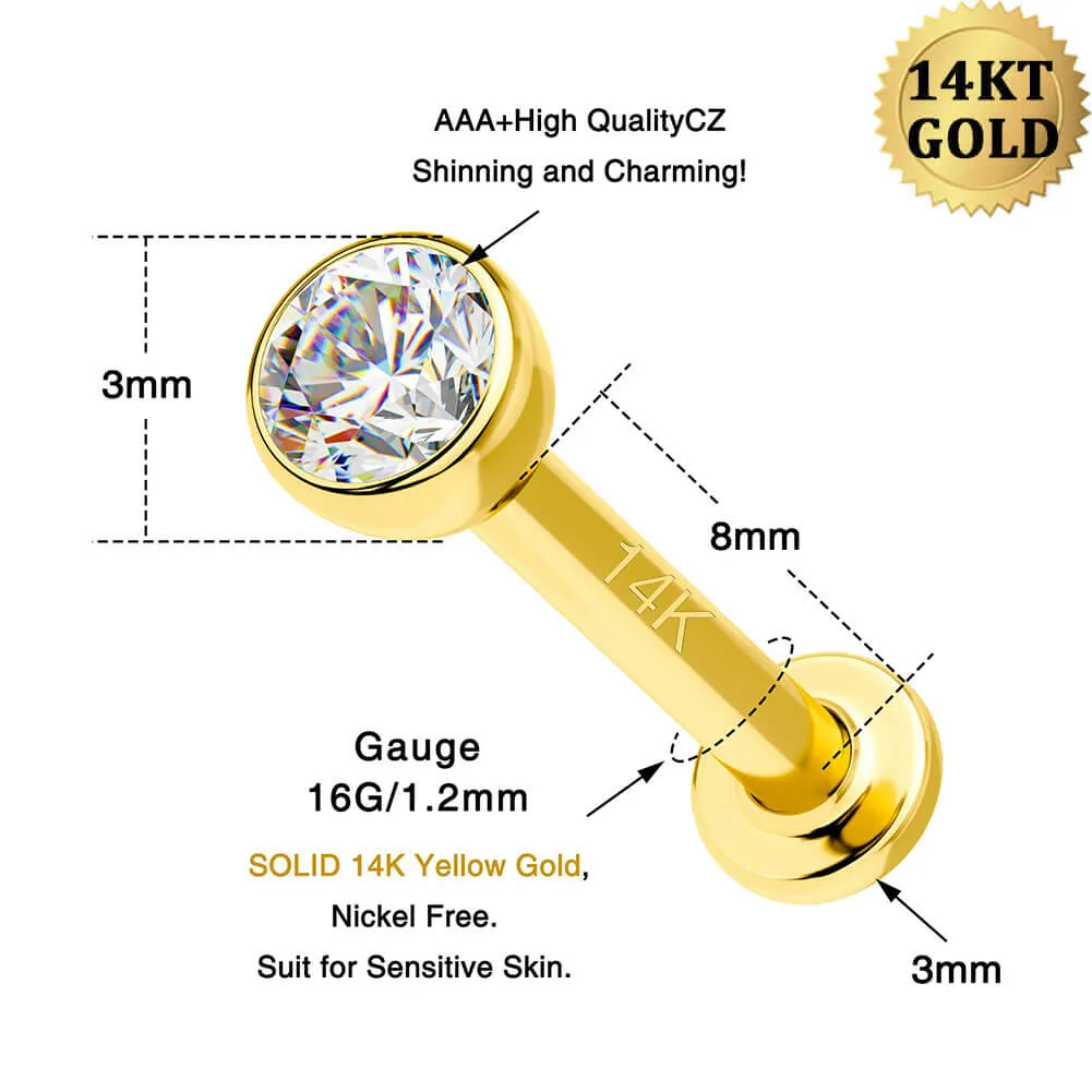 14K Solid Gold CZ Labret Stud 16G Externally Threaded Lip Stud
