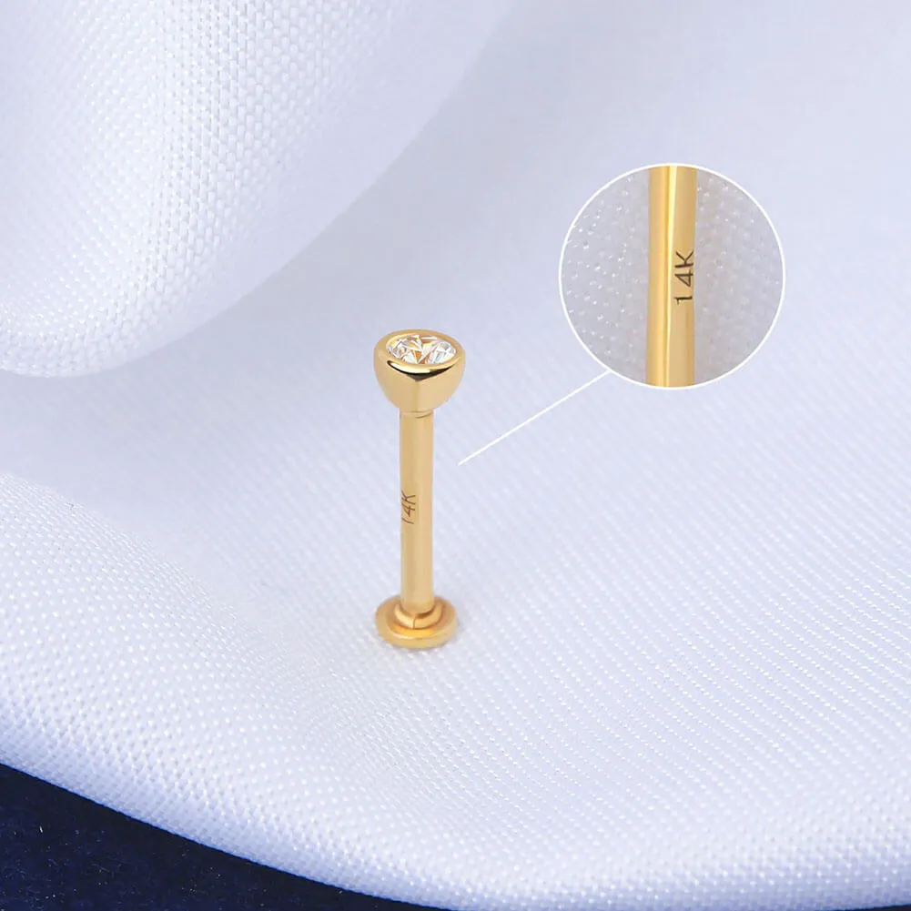 14K Solid Gold CZ Labret Stud 16G Externally Threaded Lip Stud