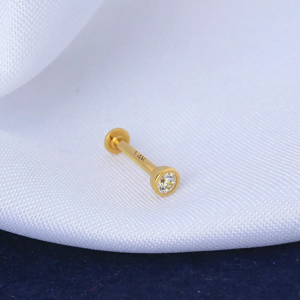14K Solid Gold CZ Labret Stud 16G Externally Threaded Lip Stud