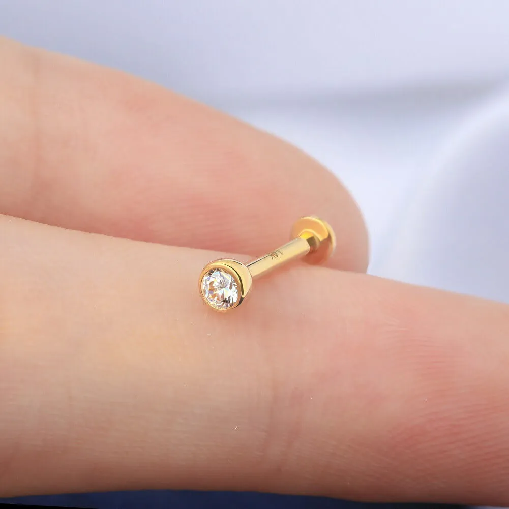 14K Solid Gold CZ Labret Stud 16G Externally Threaded Lip Stud