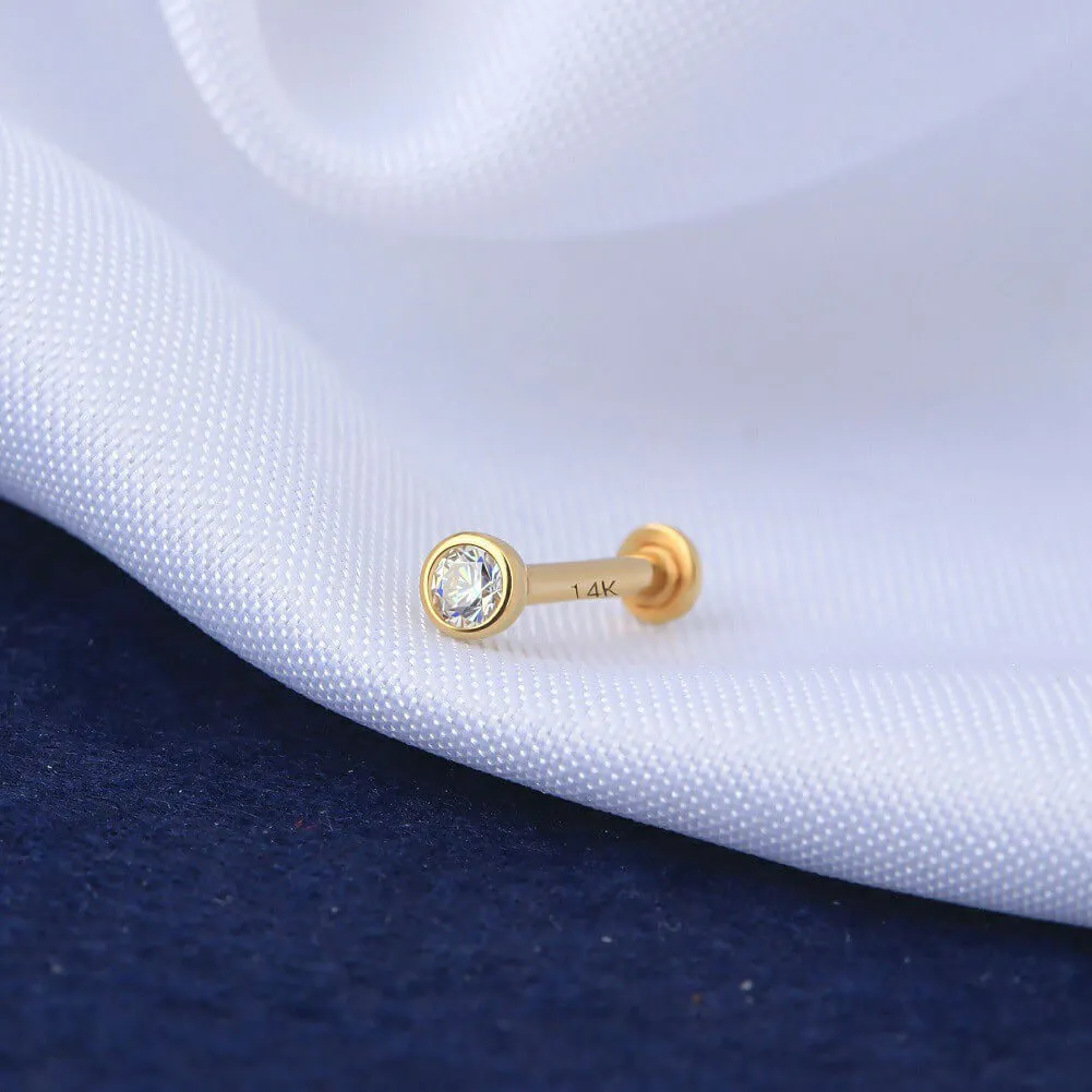 14K Solid Gold CZ Labret Stud 16G Externally Threaded Lip Stud