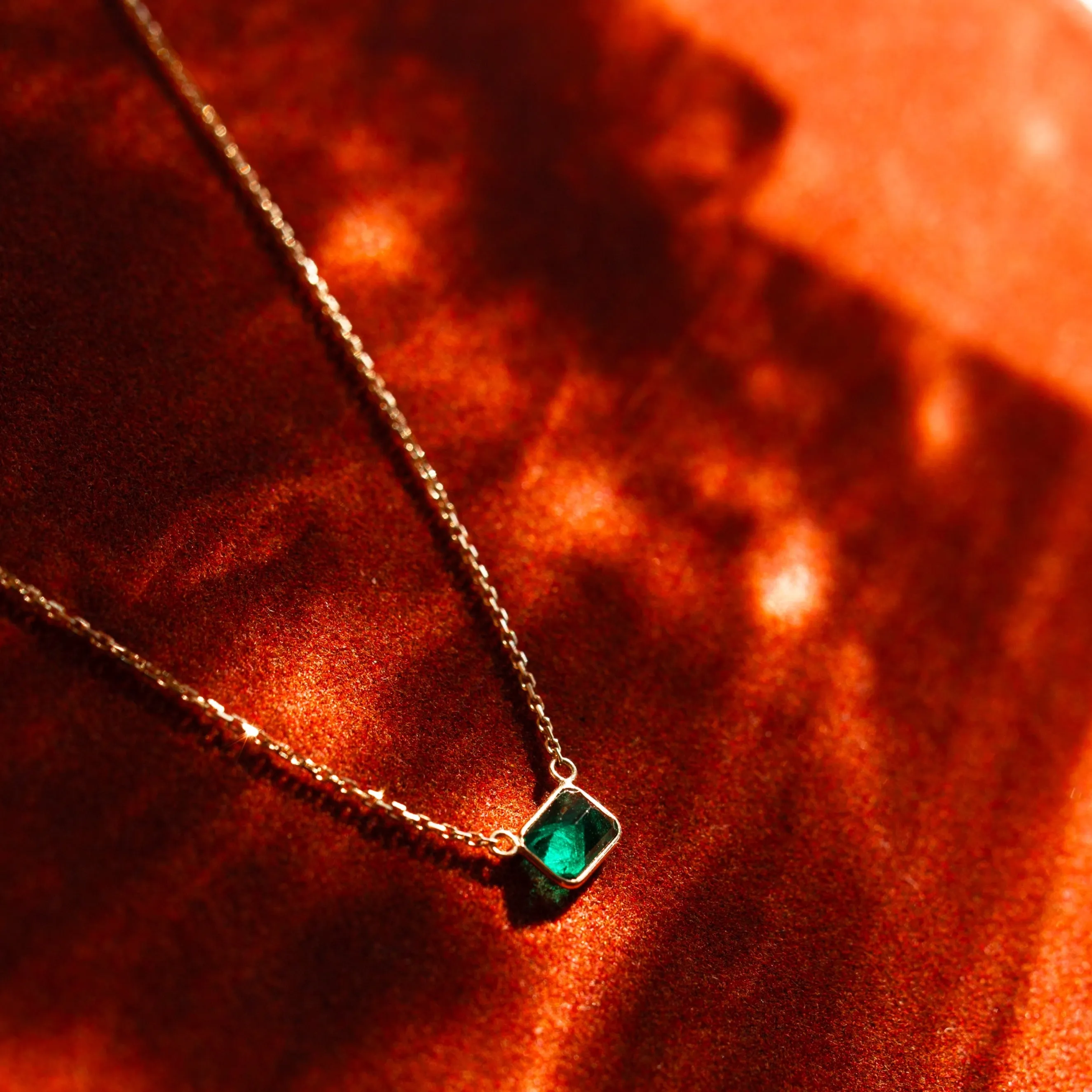 14k Solid Gold Rectangular Emerald Necklace