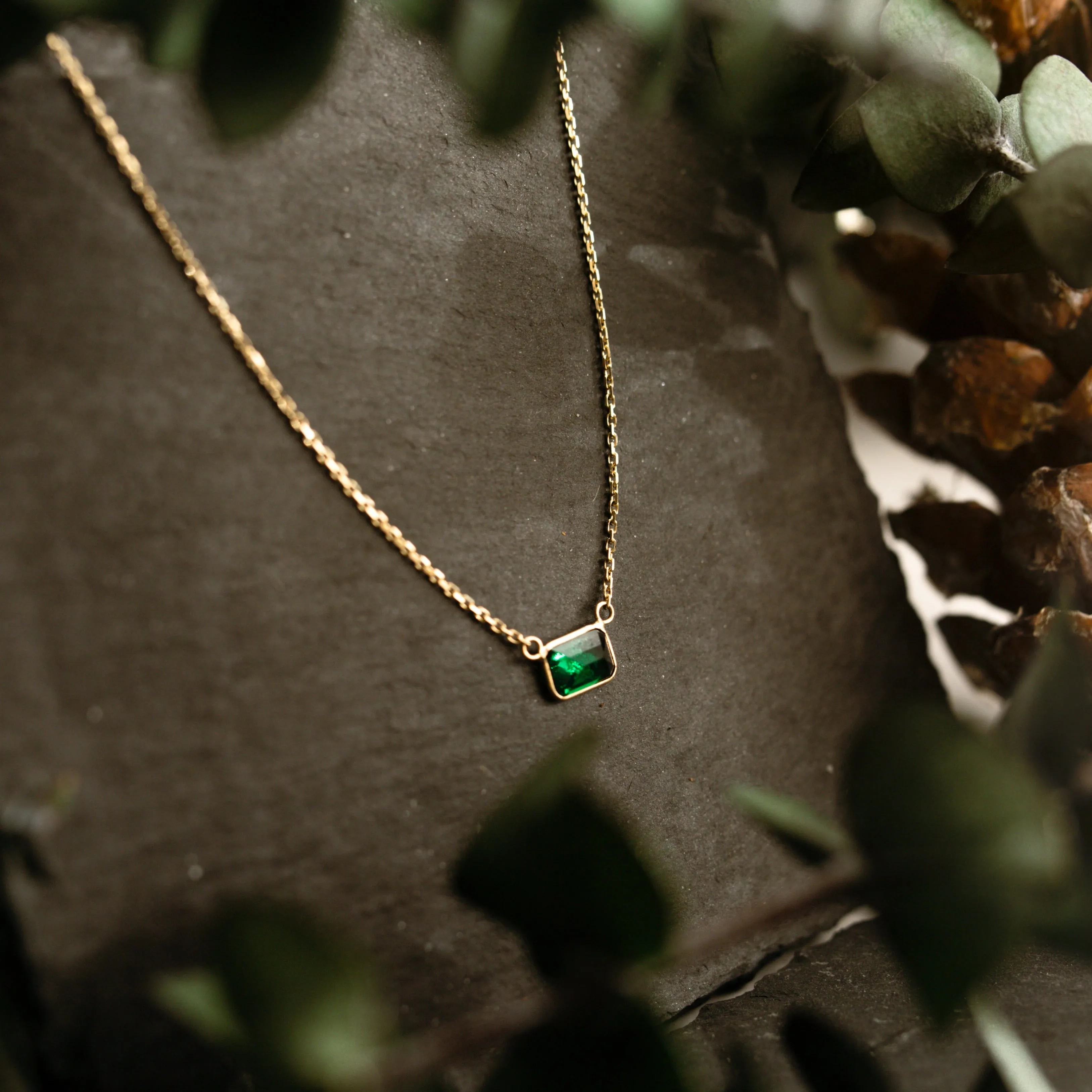 14k Solid Gold Rectangular Emerald Necklace