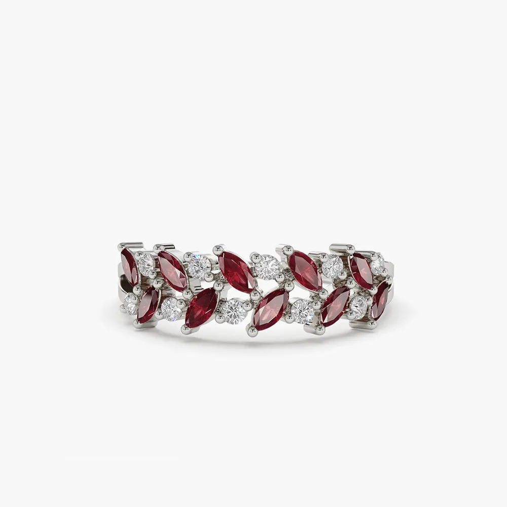 14k Two Rows Marquise Cut Natural Ruby  and Diamond Ring