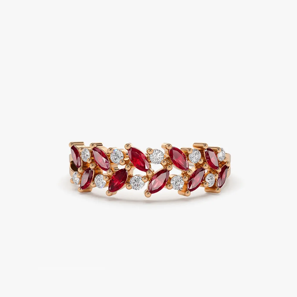 14k Two Rows Marquise Cut Natural Ruby  and Diamond Ring