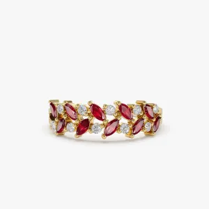 14k Two Rows Marquise Cut Natural Ruby  and Diamond Ring