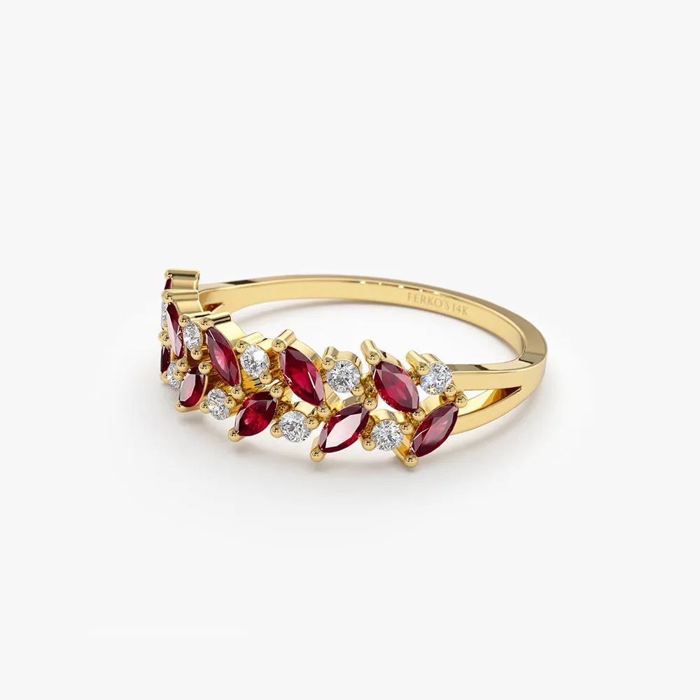 14k Two Rows Marquise Cut Natural Ruby  and Diamond Ring