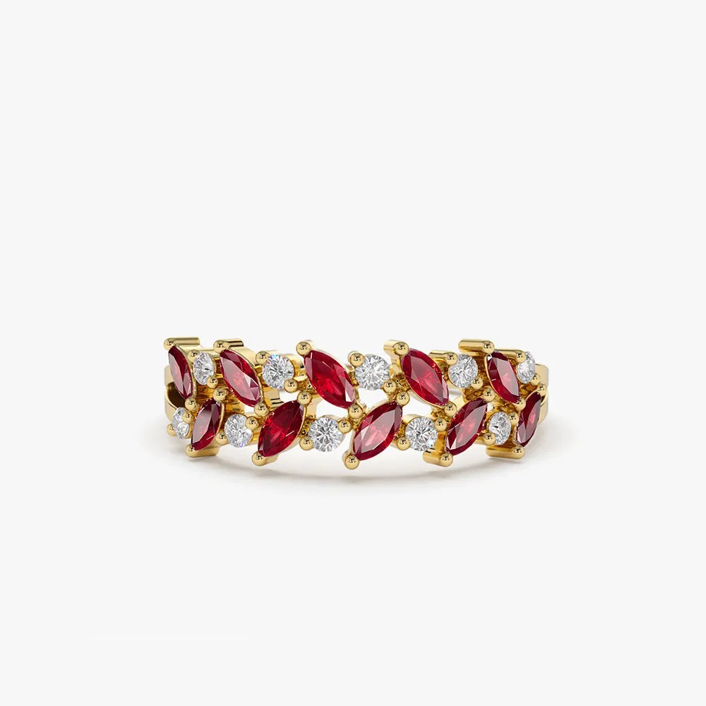 14k Two Rows Marquise Cut Natural Ruby  and Diamond Ring