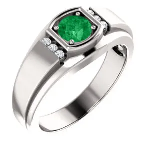 14K White Emerald & .08 CTW Diamond Men's Ring