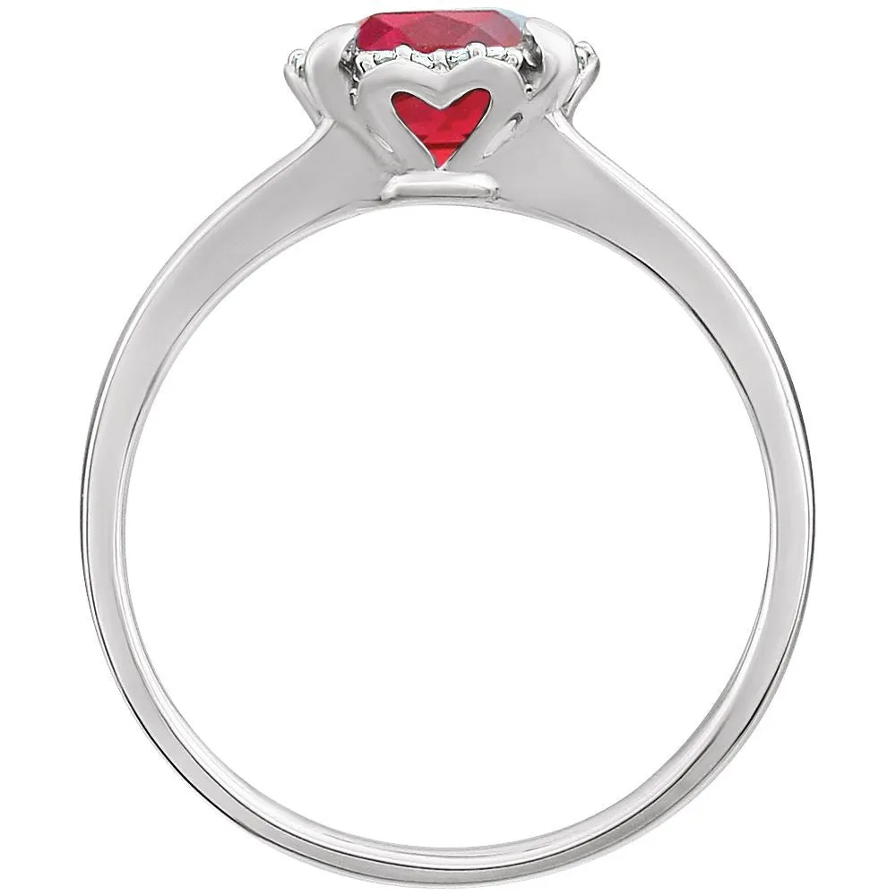 14k White Gold Created Ruby & .05 CTW Diamond Ring, Size 7
