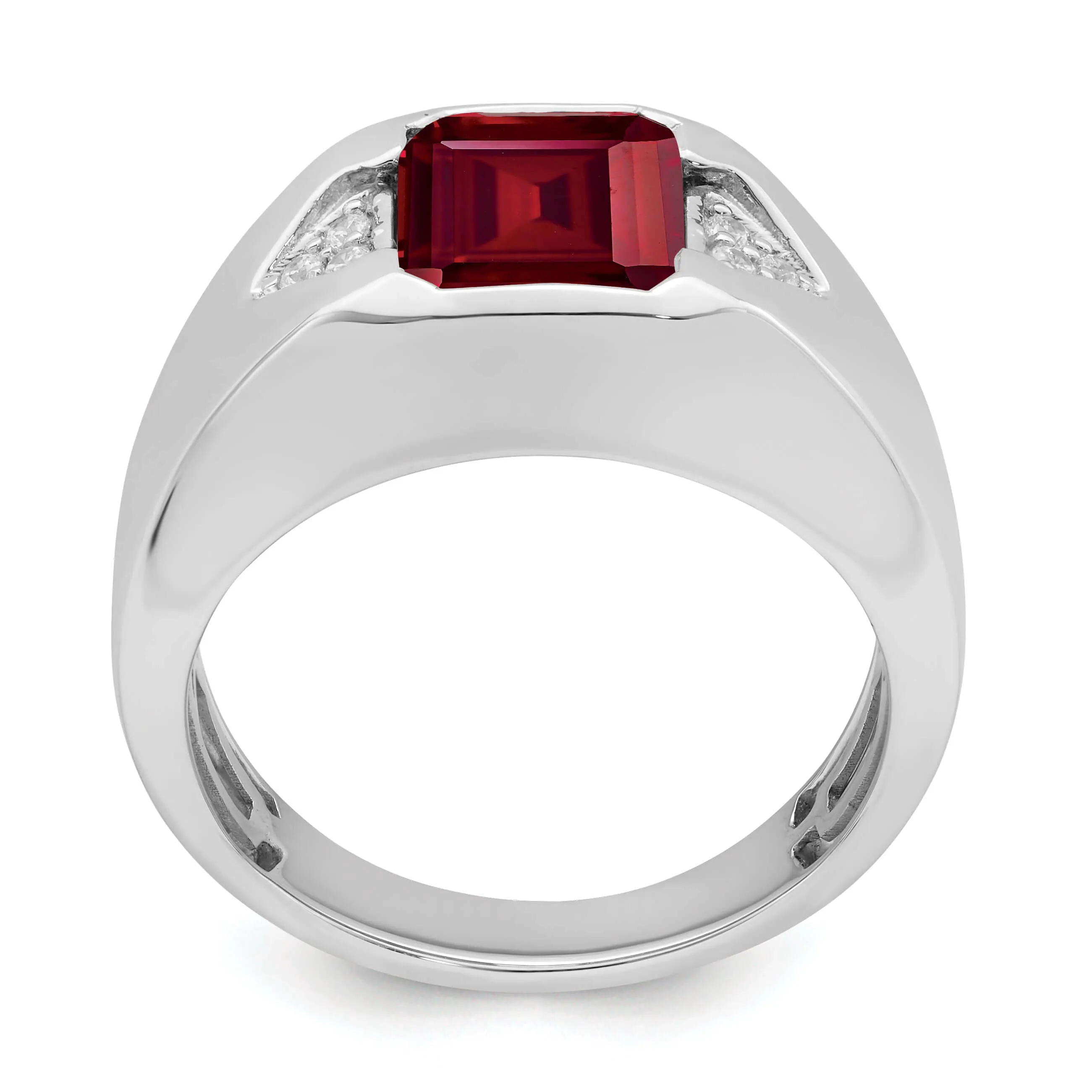 14k White Gold Emerald-cut Created Ruby and Diamond Mens Ring….