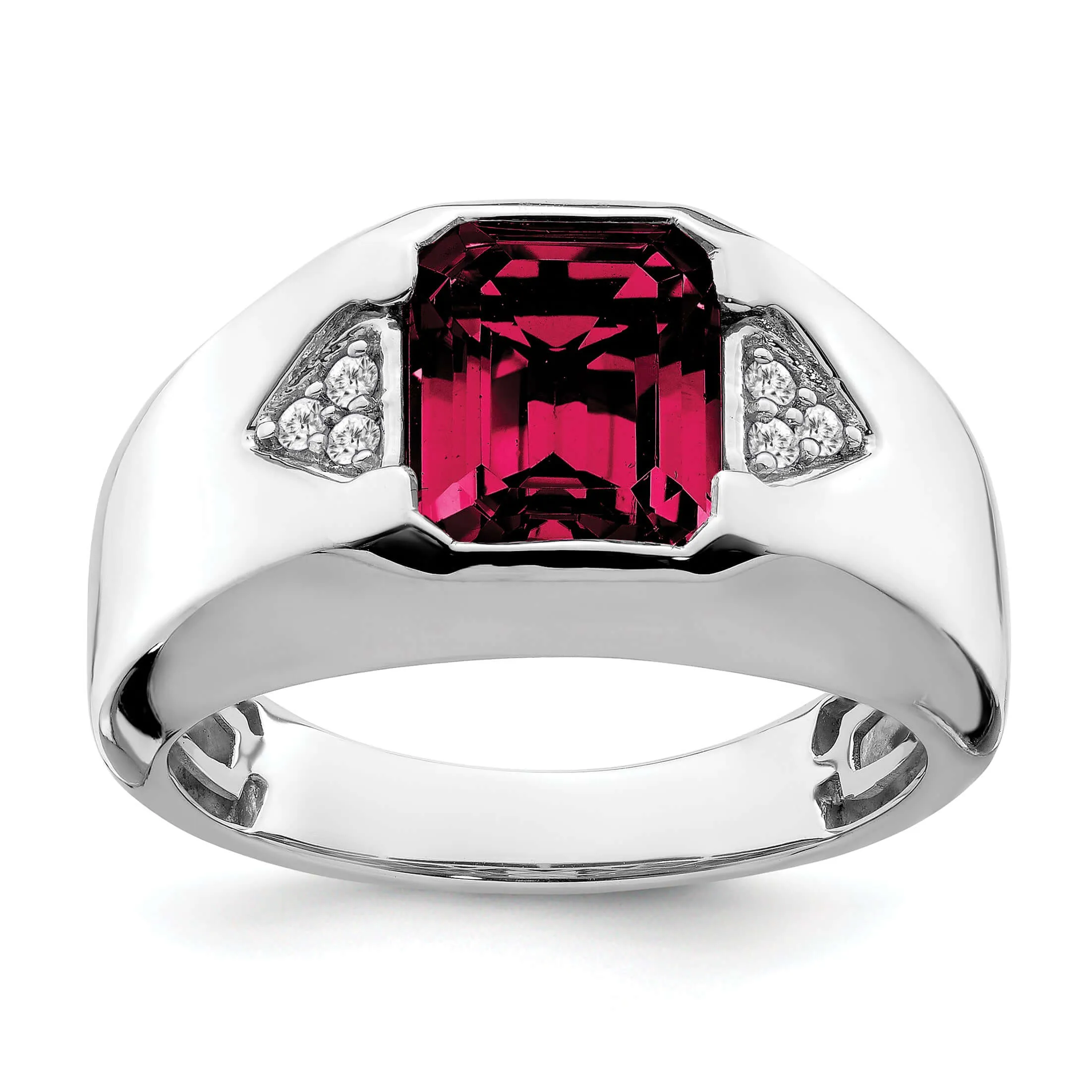 14k White Gold Emerald-cut Created Ruby and Diamond Mens Ring….