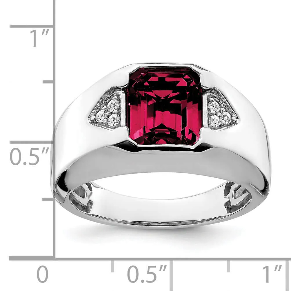 14k White Gold Emerald-cut Created Ruby and Diamond Mens Ring….