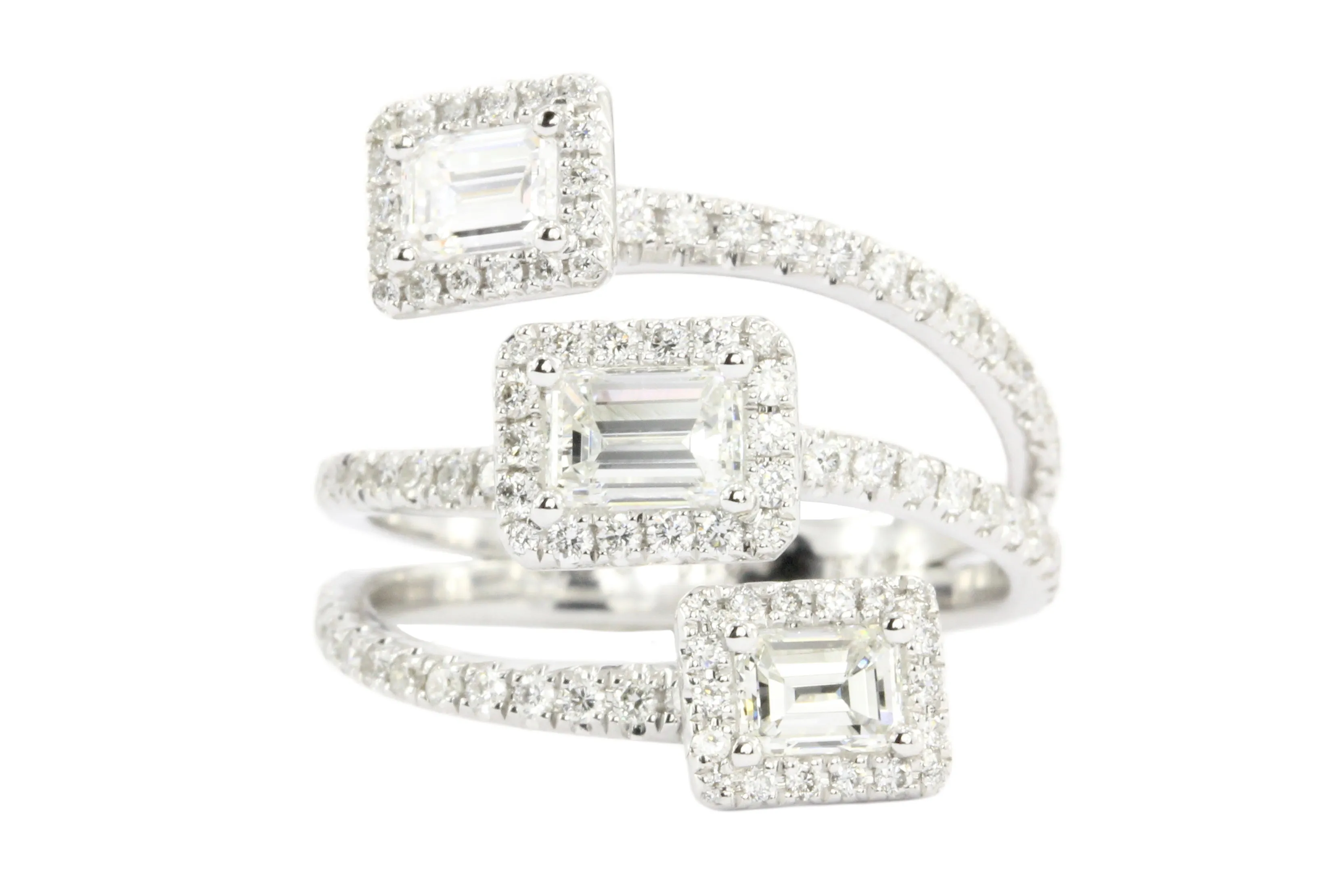 14K White Gold Emerald Cut Diamond Triple Bypass Ring