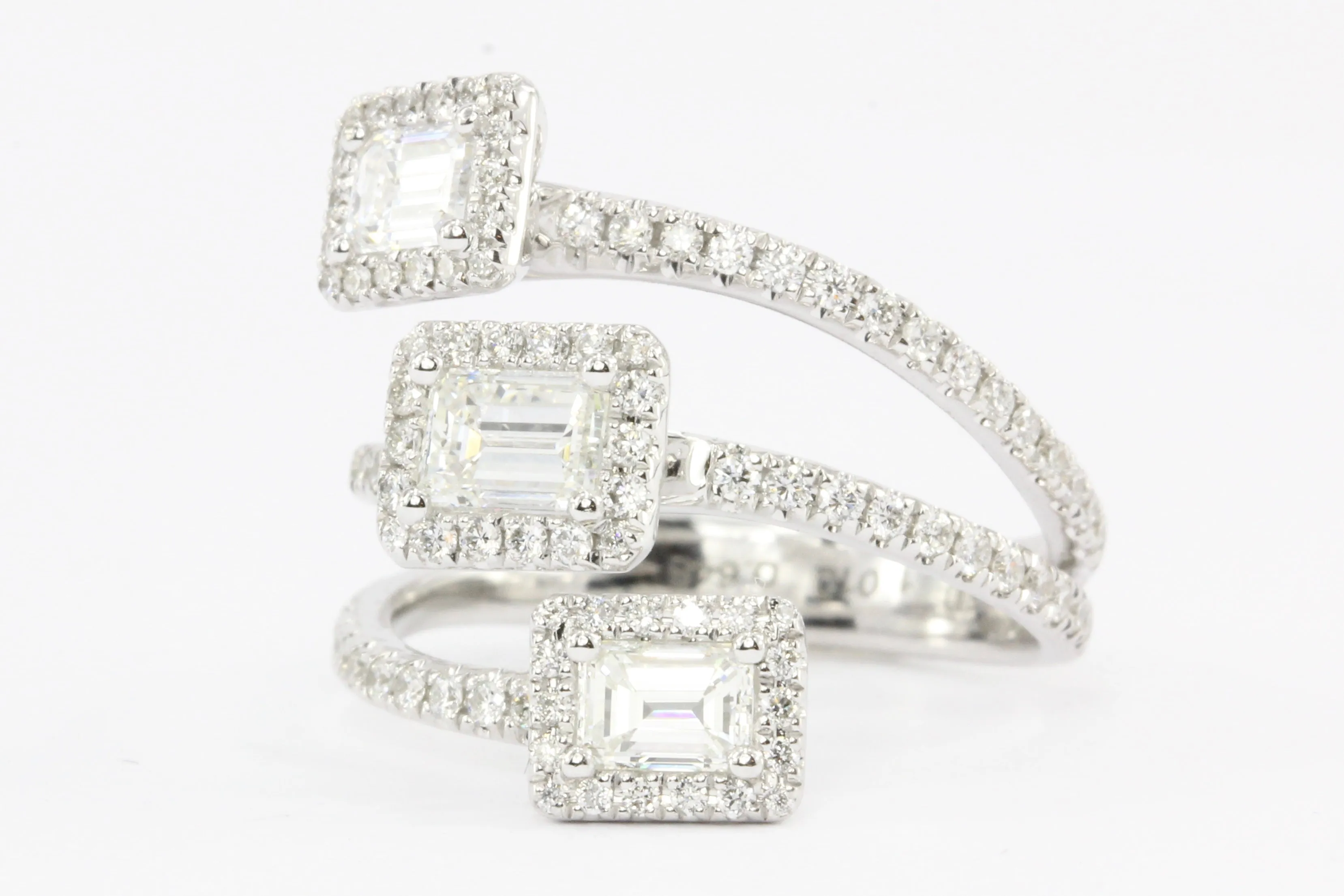 14K White Gold Emerald Cut Diamond Triple Bypass Ring