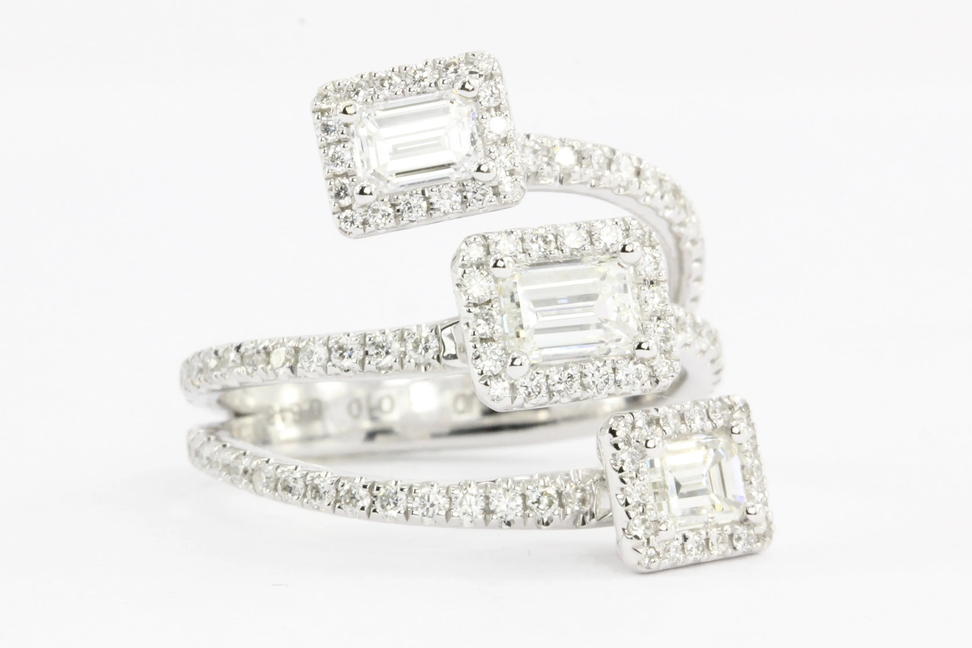 14K White Gold Emerald Cut Diamond Triple Bypass Ring