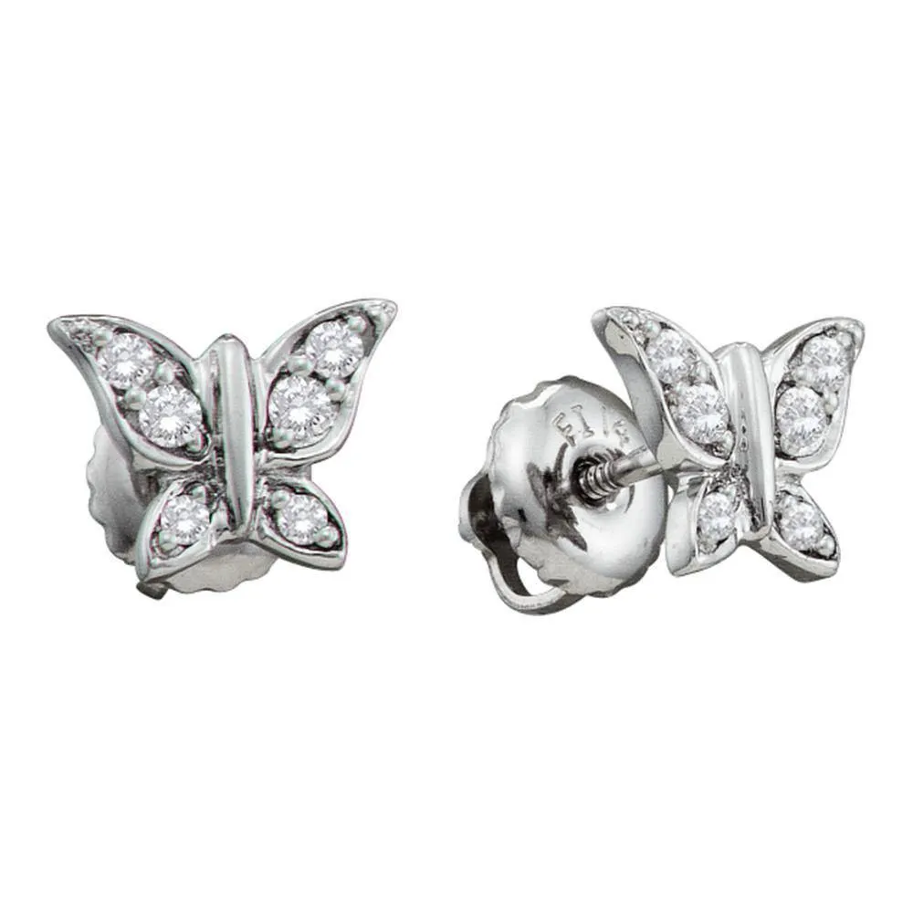 14K White Gold Round Diamond Butterfly Bug Screwback Stud Earrings 1/8 Cttw