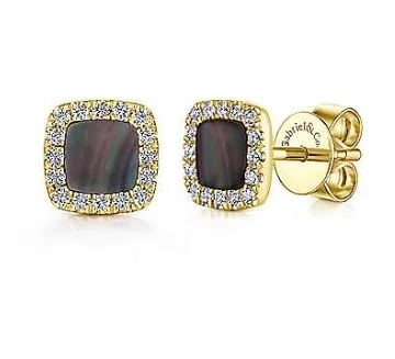 14K Yellow Gold Diamond   Black Mother of Pearl Square Stud Earrings