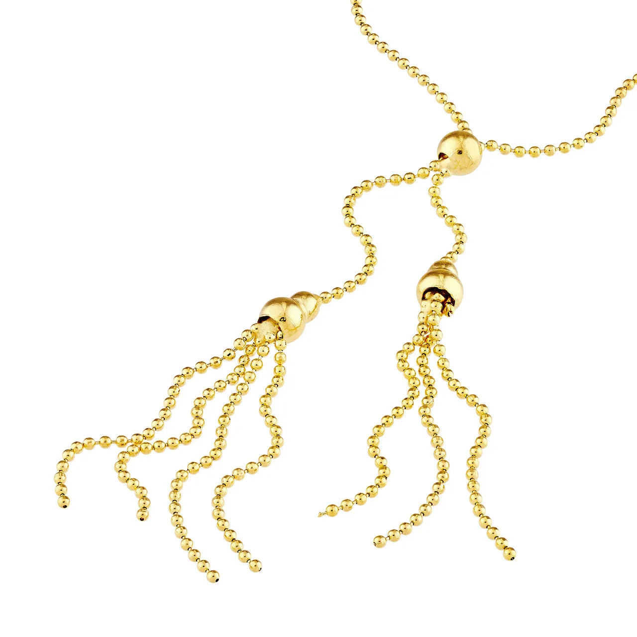 14K Yellow Gold Double Bead and Tassel Lariat Necklace