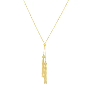 14K Yellow Gold Double Bead and Tassel Lariat Necklace