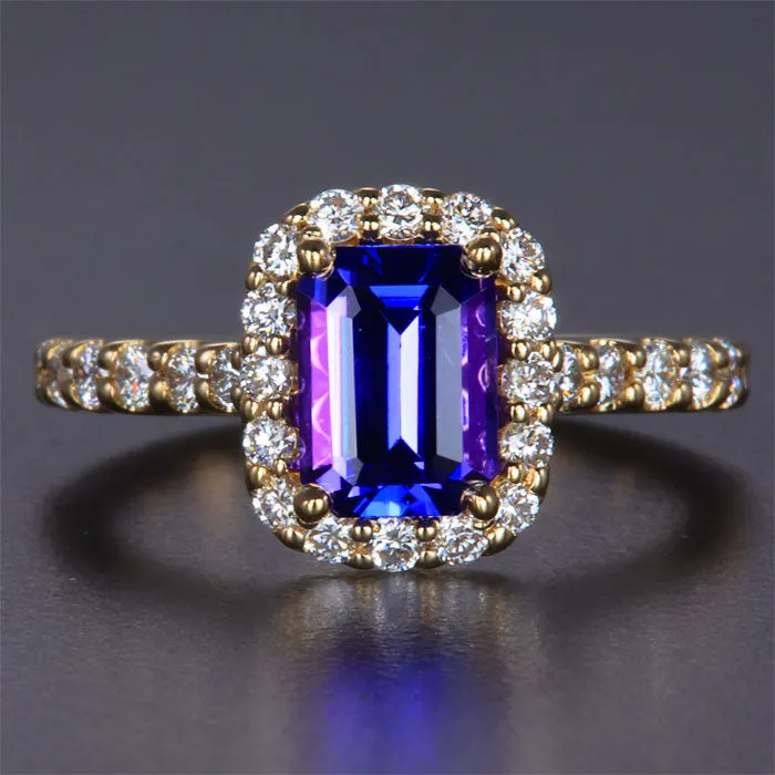 14K Yellow Gold Emerald Cut Tanzanite and Diamond Halo and Shank Ring 1.61 Carats*