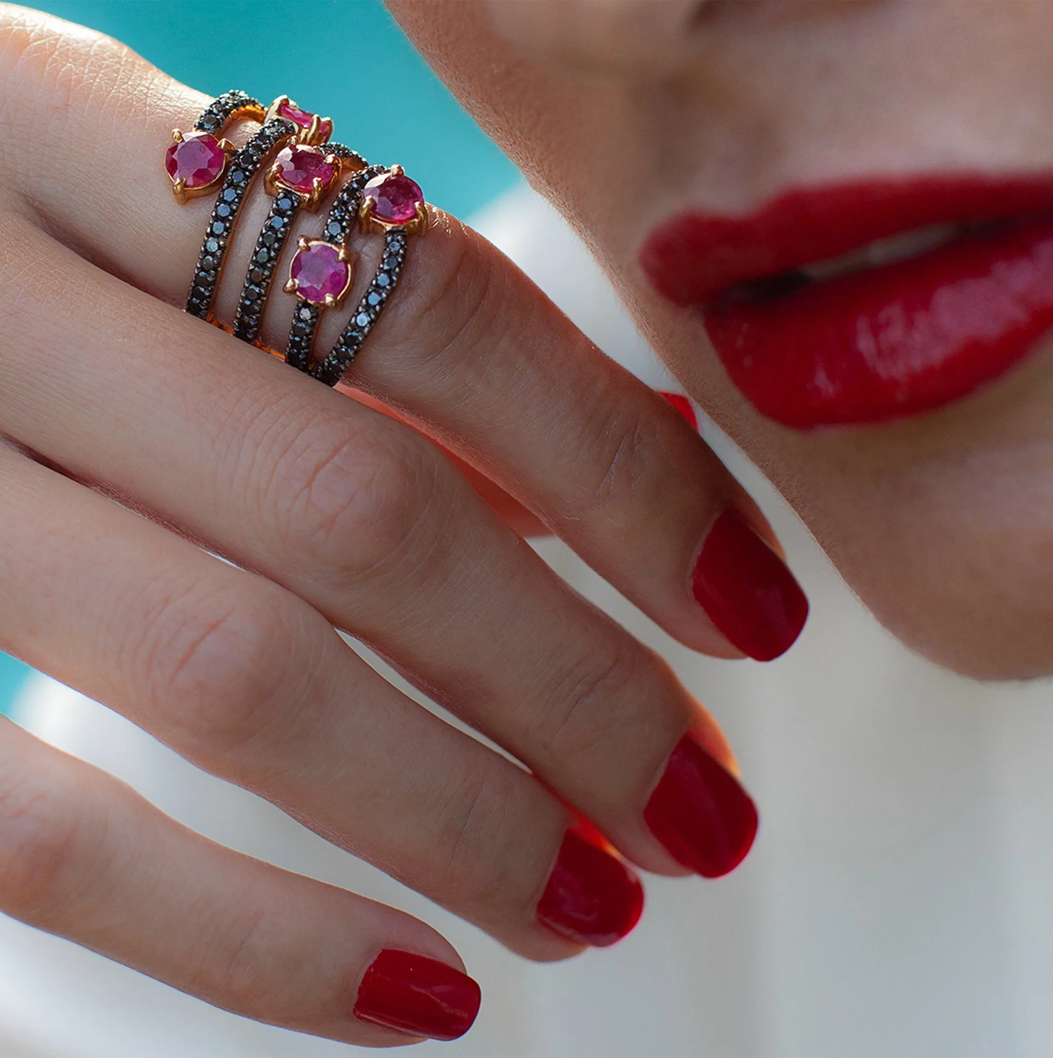 14K Yellow Gold Ring with Ruby & Black Diamond