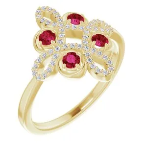 14K Yellow Ruby & 1/6 CTW Diamond Clover Ring