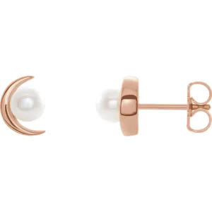 14KT Rose Gold Freshwater Pearl Crescent Moon Stud Earrings