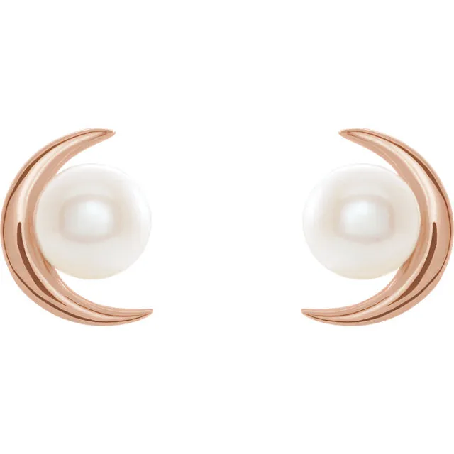 14KT Rose Gold Freshwater Pearl Crescent Moon Stud Earrings