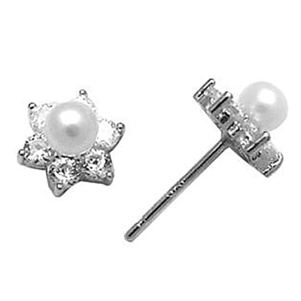 14kt White Gold CZ Flower Pearl Stud Earrings