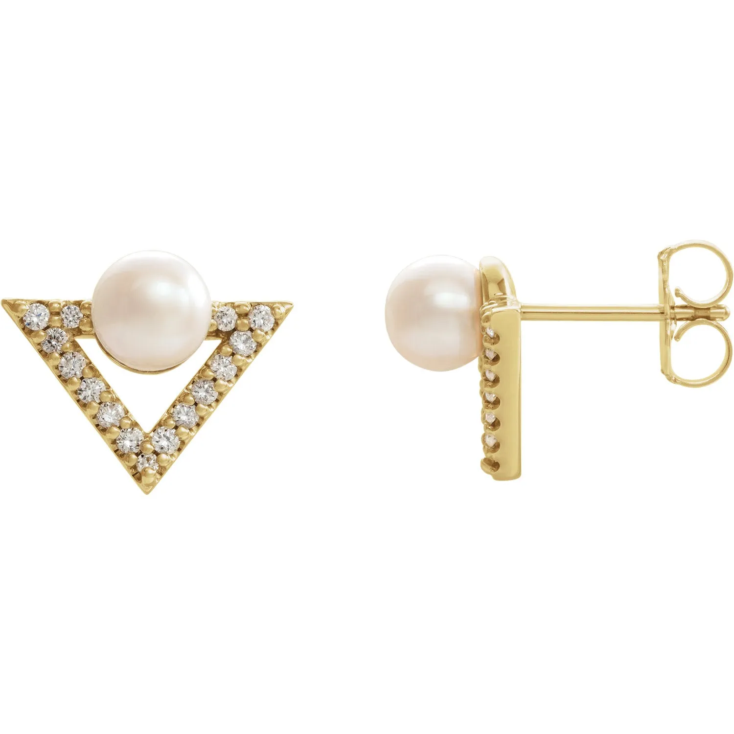 14KT Yellow Gold Freshwater Pearl   1/5 CT Diamond Triangle Stud Earrings