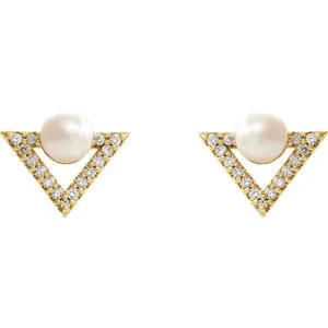 14KT Yellow Gold Freshwater Pearl   1/5 CT Diamond Triangle Stud Earrings
