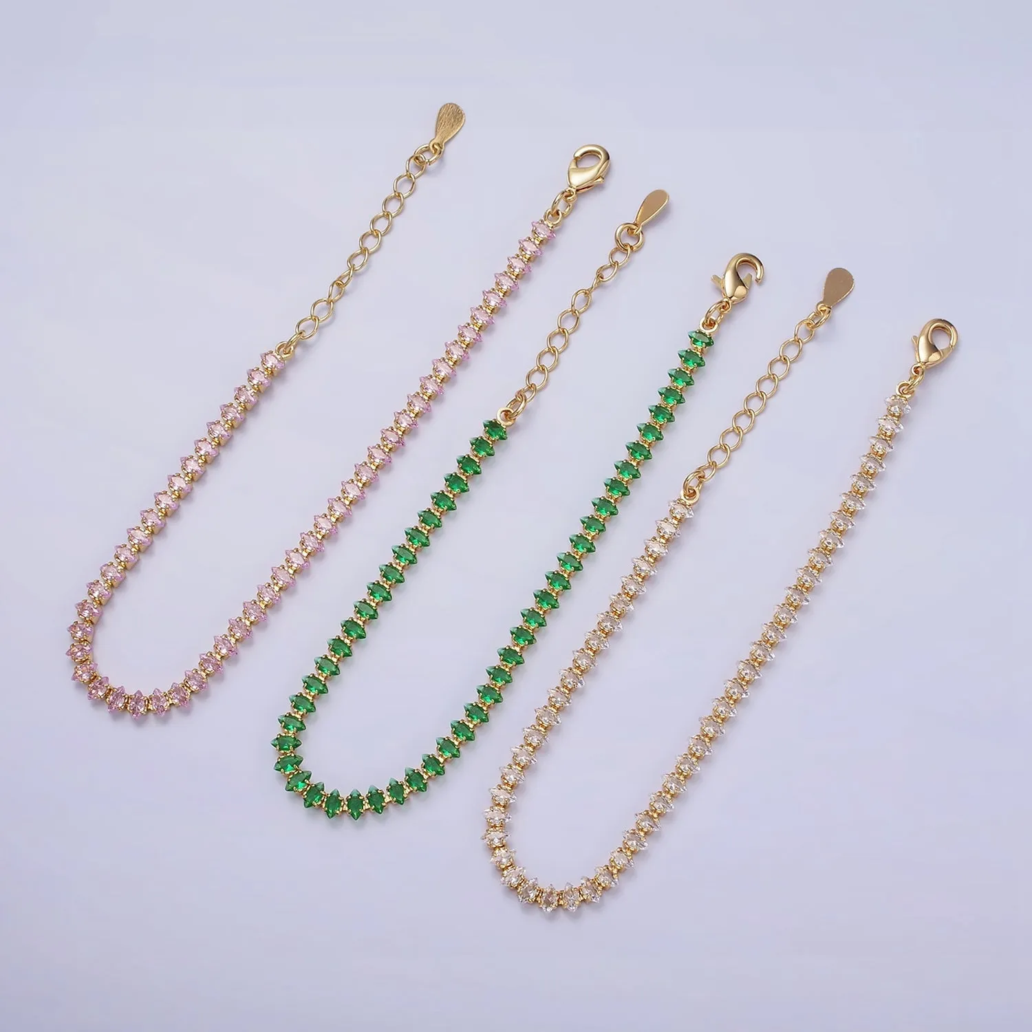 16K Gold Filled 4mm Green, Clear, Pink CZ Marquise Tennis 6.5 Inch Bracelet with Extender | WA-1788 ~ WA-1790