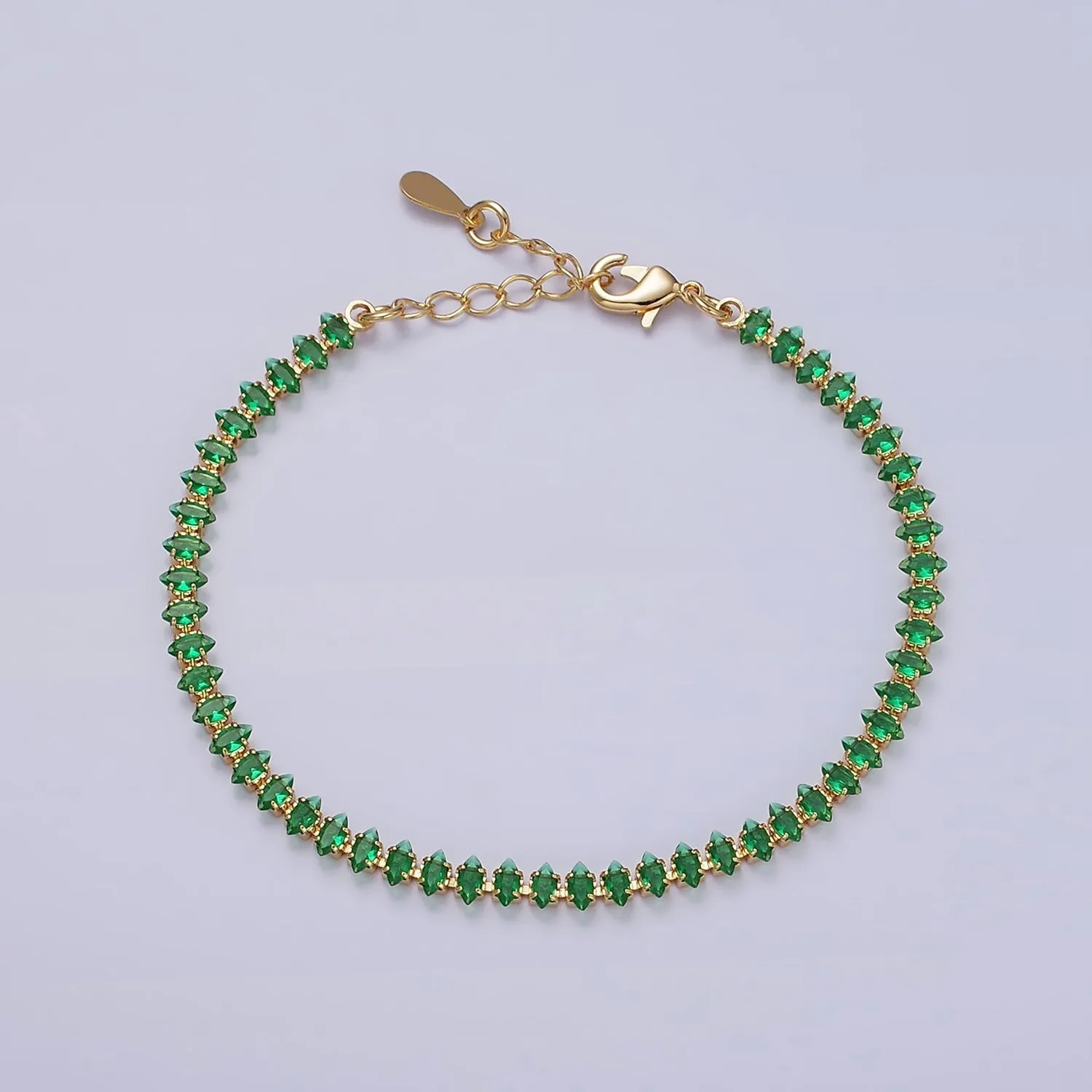 16K Gold Filled 4mm Green, Clear, Pink CZ Marquise Tennis 6.5 Inch Bracelet with Extender | WA-1788 ~ WA-1790