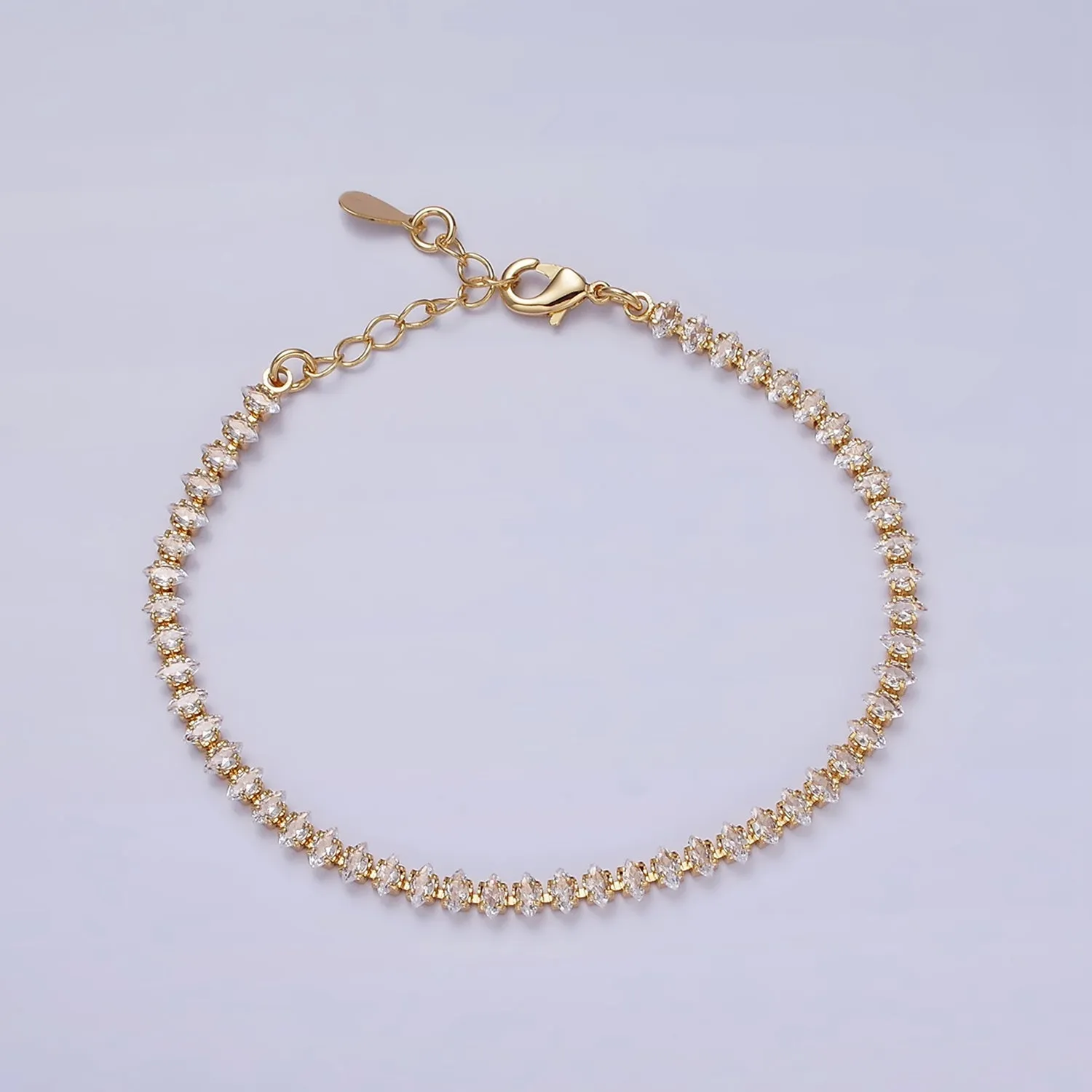 16K Gold Filled 4mm Green, Clear, Pink CZ Marquise Tennis 6.5 Inch Bracelet with Extender | WA-1788 ~ WA-1790