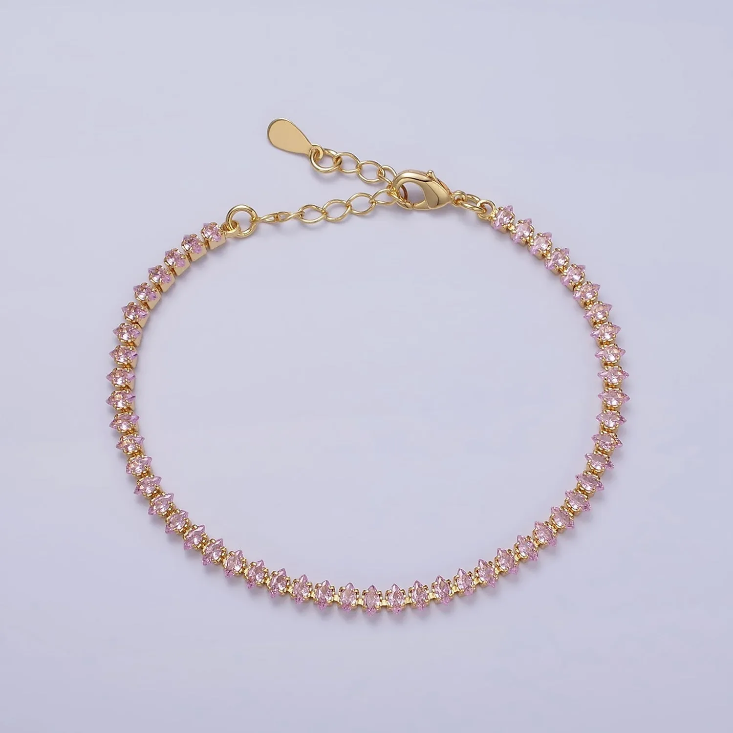 16K Gold Filled 4mm Green, Clear, Pink CZ Marquise Tennis 6.5 Inch Bracelet with Extender | WA-1788 ~ WA-1790